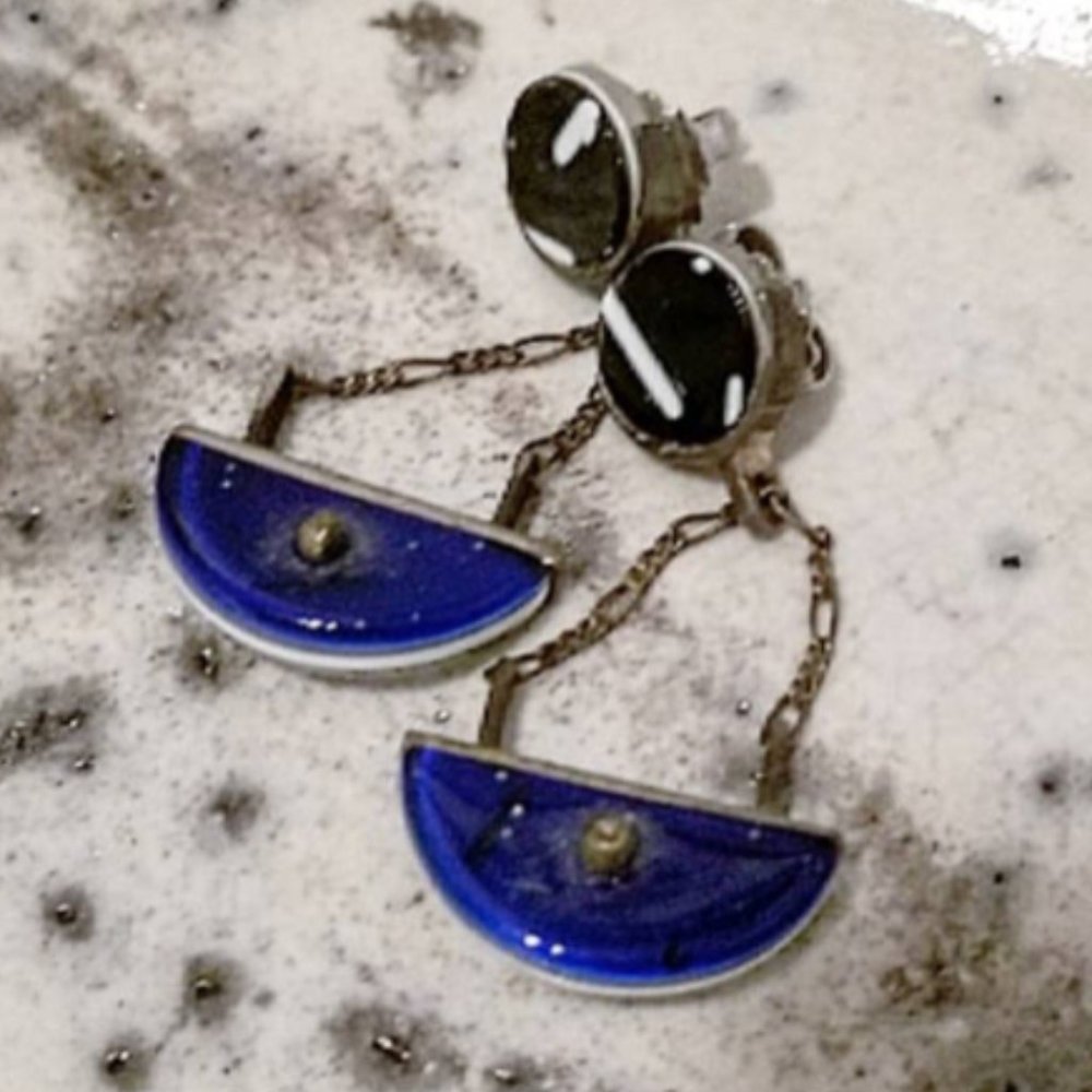 Vintage Blue & Black Stone Dangle Earrings